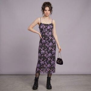 Princess Polly Women’s Black & Purple Floral Print Sleeveless Midi Dress Size  4